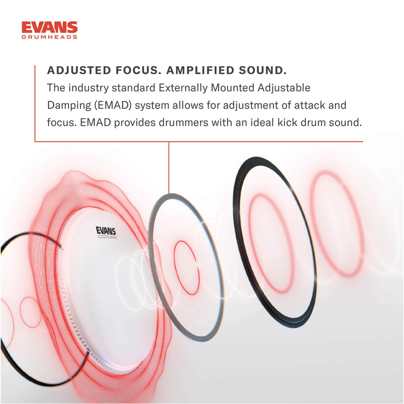 Evans EMAD2 Clear Bass Drum Head, 18” – Externally Mounted Adjustable Damping System Allows Player to Adjust Attack and Focus – 2 Foam Damping Rings for Sound Options - Versatile for All Music Genres 18-inch