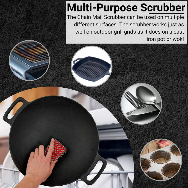 Chef Master Cast Iron Chainmail Scrubber Scrubber | Uses Standard Size Sponges | Chainmail Scrubber for Cast Iron Pans | Heavy Duty Cast Iron Scrubber
