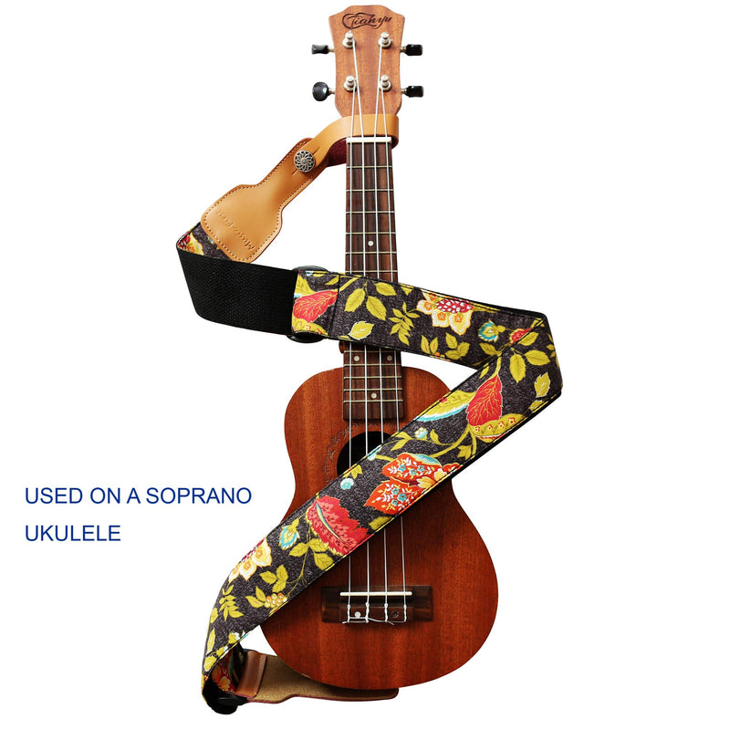 [AUSTRALIA] - MUSIC FIRST Original Design, 2 inch width (5cm), Vintage French Country Style “Floral” Soft Cotton & Genuine Leather Delux Guitar Strap, Ukulele Strap, Mandolin Strap 