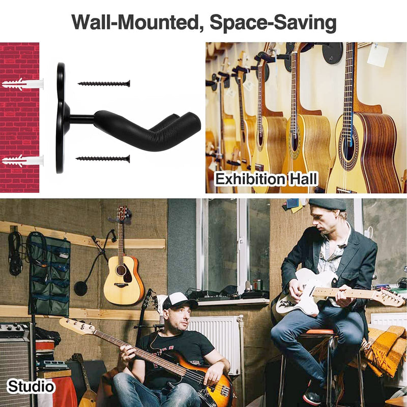 POMPAM Guitar Wall Mount Wall Hanger 2 Pack Hook Black Metal Guitar Holder for Acoustic Electric Bass Guitar Ukulele Banjo Mandolin with 9 Packs Guitar Picks