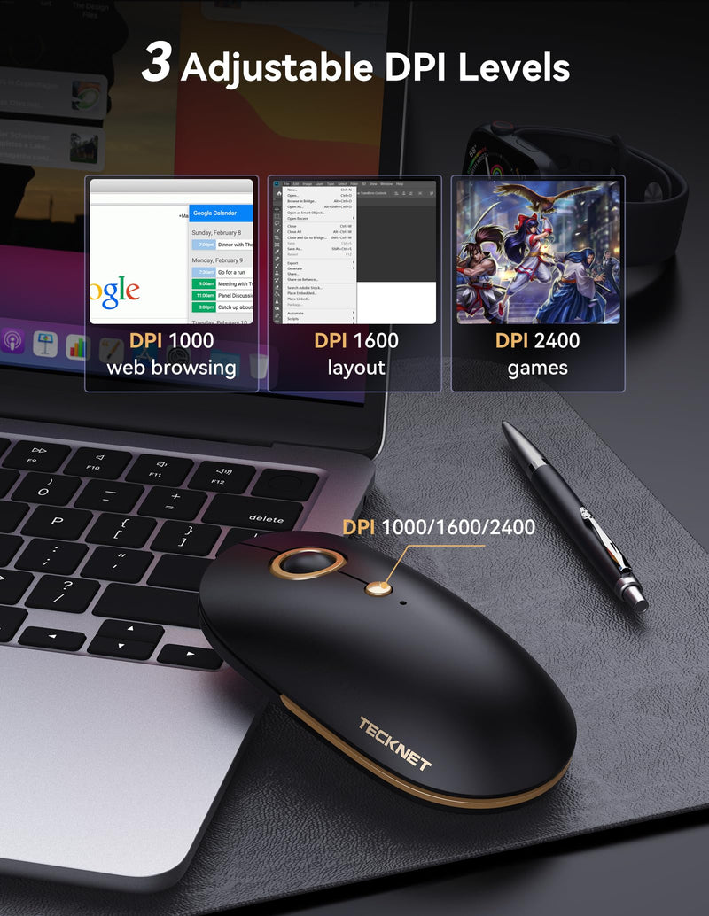 TECKNET Wireless Bluetooth Mouse, 3 Mode(Dual USB+2.4Ghz) Silent Computer Mouse Bluetooth Compatible with Chromebook MacBook Pro Air, Ambidextrous Portable Wireless Mouse for Laptop PC - Black Gold