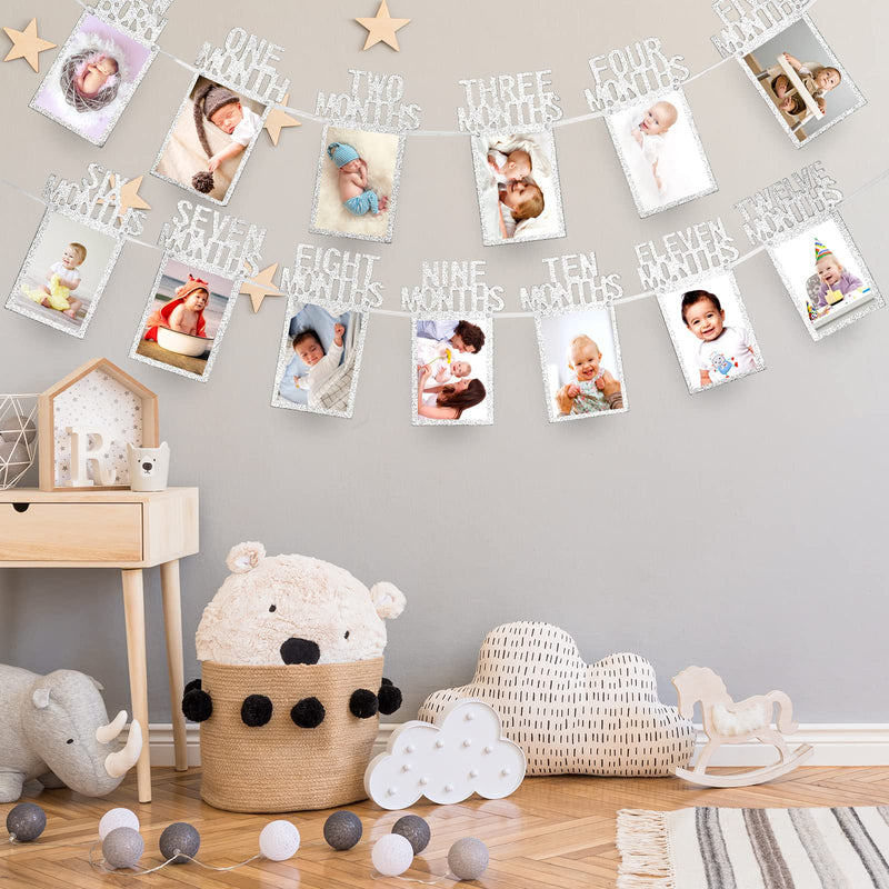 Whaline 1st Birthday Baby Photo Banner for Newborn to 12 Months, Monthly Milestone Photograph Bunting Garland, First Birthday Celebration Decoration (Silver) Silver
