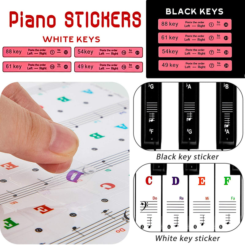 2 Sets Piano Keyboard Stickers 88/61/ 54/49 Keys Colorful Piano Stickers Transparent Removable Piano Keyboard Decals Large Bold Piano Keyboard Letter Stickers Learning Stickers for Kids Beginners