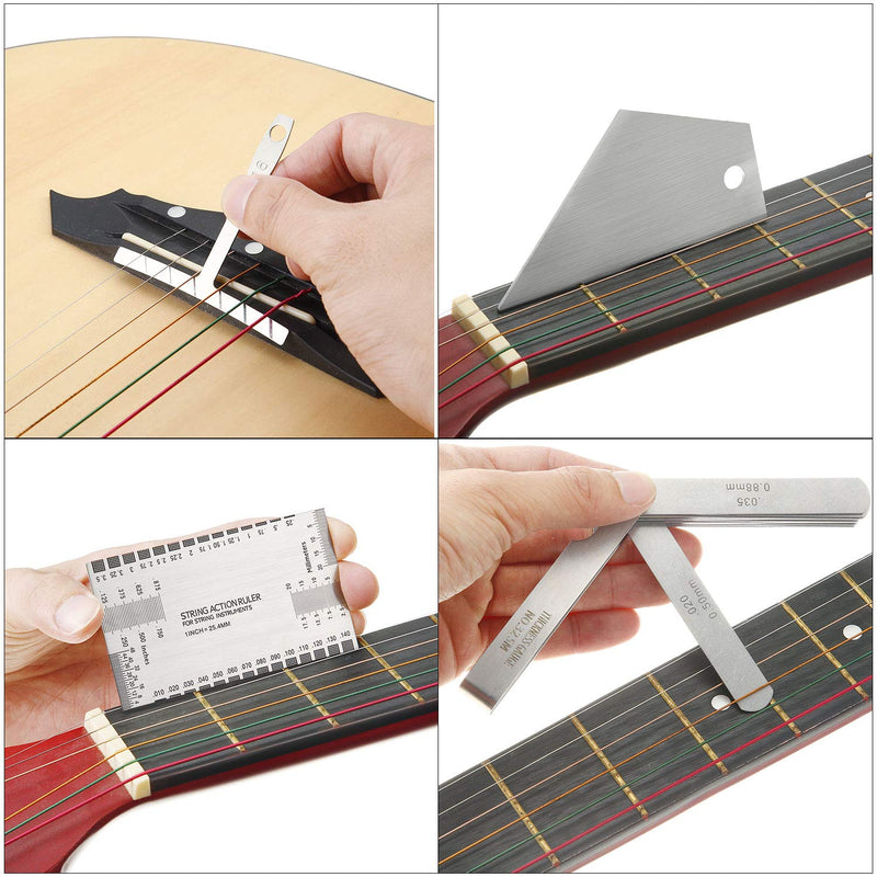 Luthier Measuring Tools Set Include Guitar Neck Notched Straight Edge Fret Rocker String Height Gauge Understring Radius Gauge Steel Feeler Gauge for Electric Guitar, 5 Kinds