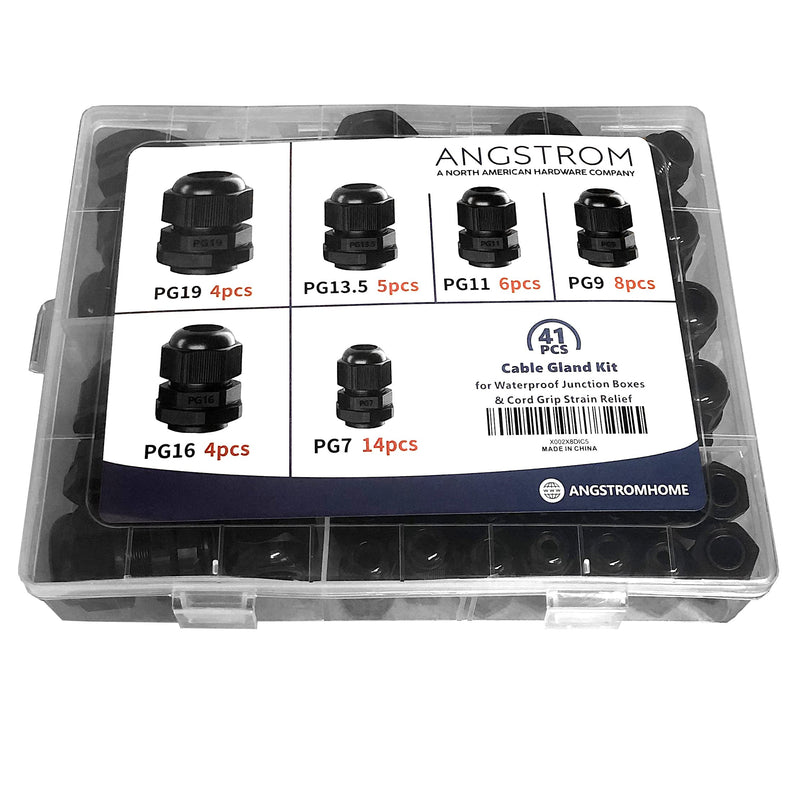 ANGSTROM Cable Gland Kit for Waterproof Junction Boxes and Cord Grip Strain Relief PG7 PG9 PG11 PG13.5 PG16 PG19 (41-Pack, Black) (41 pcs, Black) 41 pcs