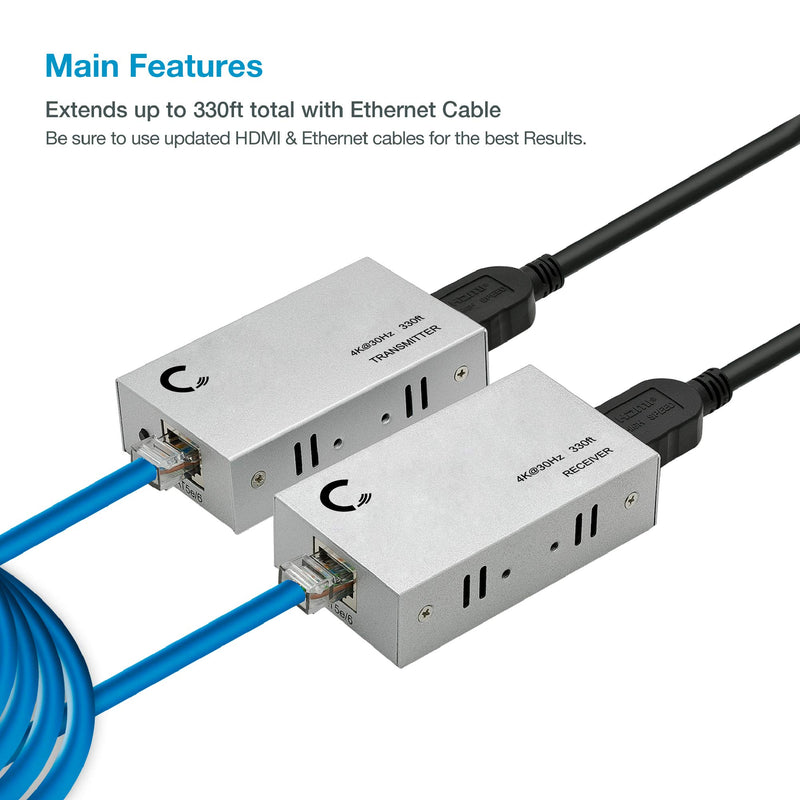 Expert Connect | 4K 330ft HDMI Extender Over Cat5e / Cat6 / Cat7 Ethernet Cable, 1080p, 3D 4K@30Hz - 330ft