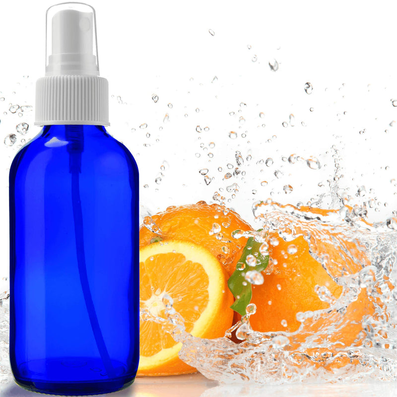 2 Empty Blue Glass Spray Bottles - 4oz Refillable Bottle is Great for Essential Oils, Organic Beauty Solutions, Homemade Cleaning and Aromatherapy - Small Portable Misters with Caps and Labels - 2 Pack