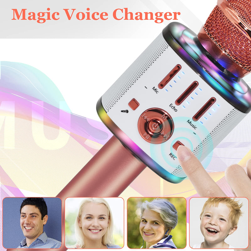 Karaoke Wireless Microphone, 5 in 1 Bluetooth Microphone with Dancing LED Lights, Portable Singing Mic Karaoke Machine Speaker, Home KTV Karaoke Player for Kids Adults Party Support Android iOS Device Pink