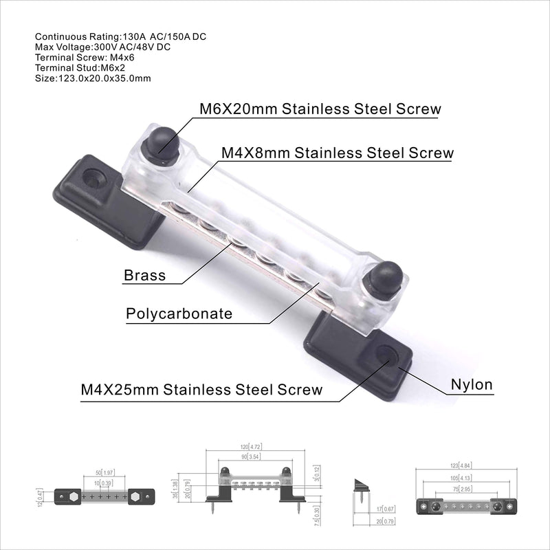 6 Terminal Bus Bar - 150A Bus Bar Block & Cover for Ground Distribution for Car Boat Marine Power Distribution Terminal Block w/ 6 Screws + 2 Studs 6 Terminal