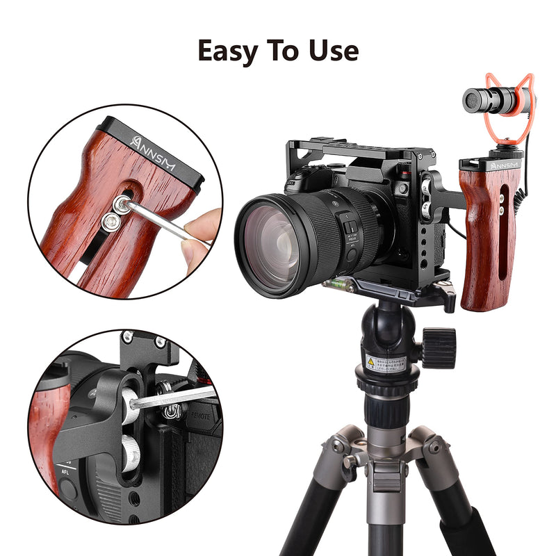 ANNSM Side Wooden Handle Grip for DSLR Camera Cage, Cold Shoe Mount, Built-in Wrench, Threaded Holes, Left Right Compatible iPhone / Smartphone / Video Rig Videography / Camera Cage