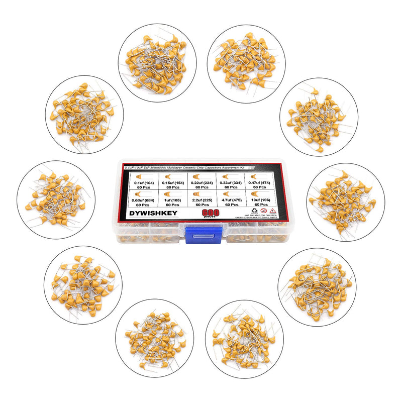 DYWISHKEY 10Value 600PCS DIP Monolithic Multilayer Ceramic Chip Capacitors Assortment Kit, 0.1uF-10uF Ceramic Capacitor Set