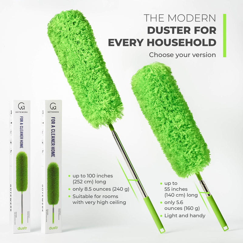 GÜTEWERK DUSTR Microfiber Duster with Extension Pole, Feather Duster, Ceiling Fan Duster, Feather Dusters for Cleaning, Dust Cleaner, Cobweb Duster - Electrostatic Bendable Head - up to 55 Inch up to 55 in