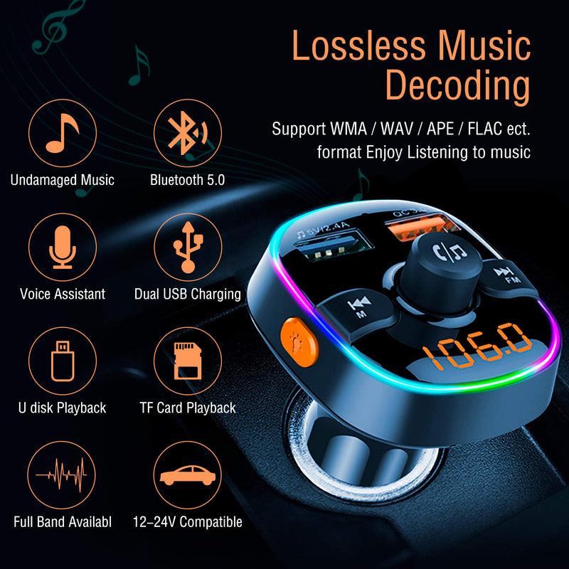 Arsvita Bluetooth Car FM Transmitter, Wireless Audio Adapter Receiver, Support Siri/Google Voice Wake-up, Color Light, with QC3.0 Quick Charge Dual USB Ports and Support TF Card.