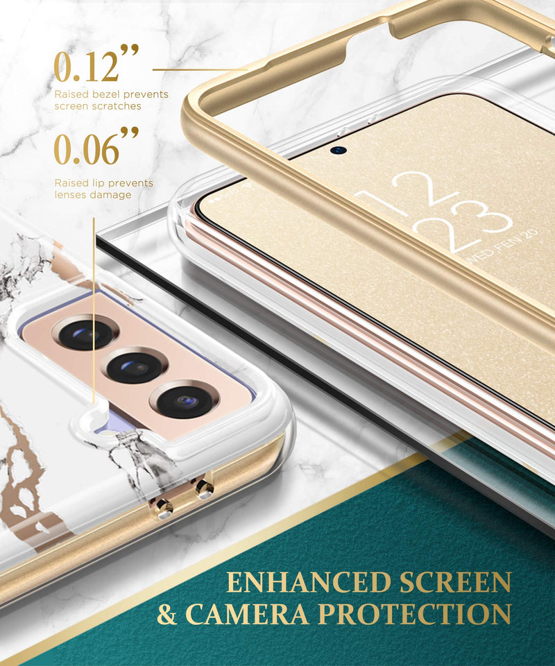 GVIEWIN Compatible with Samsung Galaxy S21 Plus Case 5G 6.7 Inch, Marble Shockproof Bumper Hard Back Dual-Layer Protective Cover Without Built-in Screen Protector (White/Gold) White/Gold