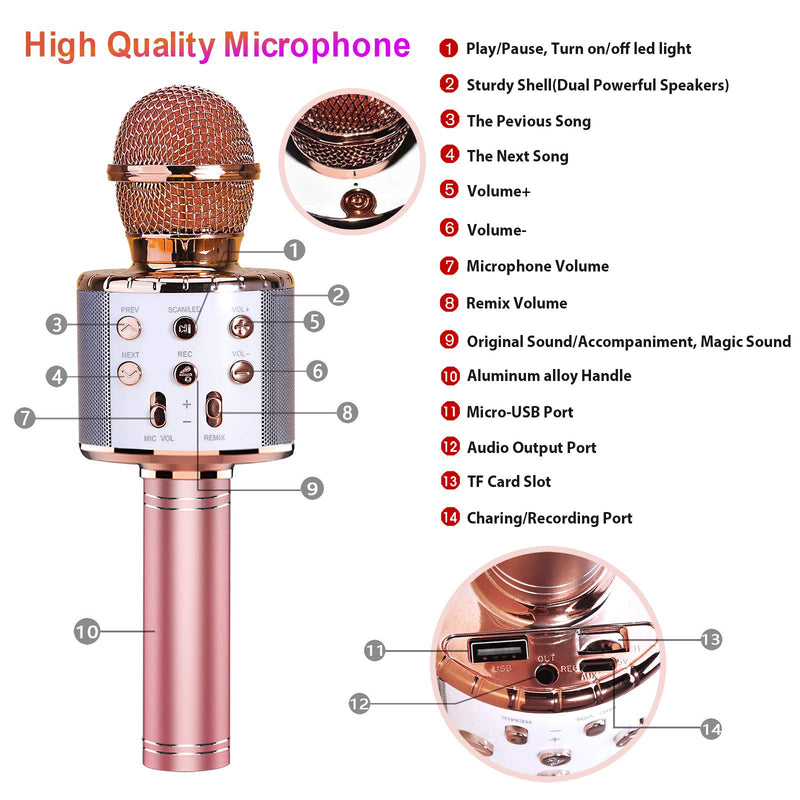 ShinePick Karaoke Wireless Microphone, 5 in 1 Recording & Singing Microphone for Kids Adults, Dancing LED Lights Portable Speaker Karaoke Machine, Bluetooth Microphone for Phone/Pad/TV (Pink) Rose gold