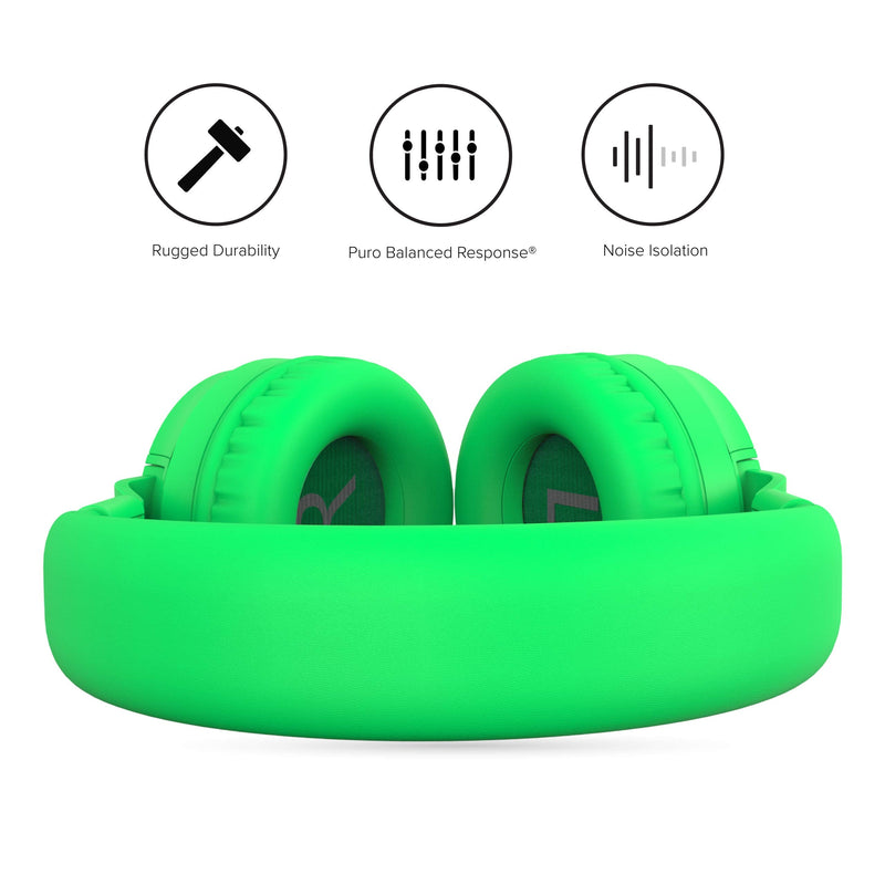 PuroBasic Volume Limiting Wired Headphones for Kids, Boys, Girls 2+ Foldable & Adjustable Headband w/Microphone, Compatible with iPad, iPhone, Android, PC & Mac – by Puro Sound Labs, Green