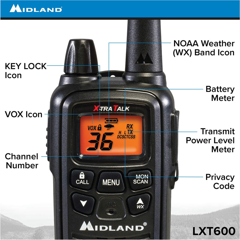 Midland - LXT600VP3, 36 Channel FRS Two-Way Radio - Up to 30 Mile Range Walkie Talkie, 121 Privacy Codes, NOAA Weather Scan + Alert (Pair Pack) (Black) Pair Pack - Black