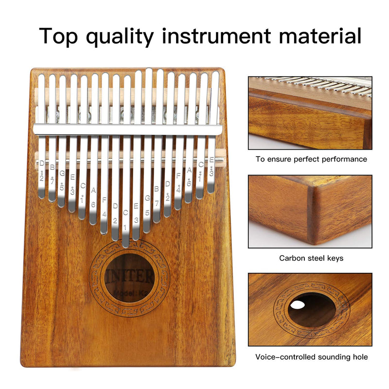 Kalimba Thumb Piano 17 Key,Portable Finger Piano/Mbira/Sanza Kit for Kids and Adults, Solid KOA With Key Locking System,Tune Hammer,Study Instruction,Cloth Bag,Study Guide Sticke brown2