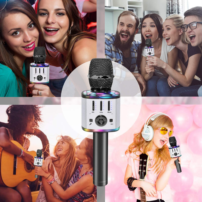 Karaoke Microphone for Kids, Wireless Bluetooth Karaoke Microphone with LED Lights, Portable Handheld Mic Speaker Machine, Great Gifts Toys for Girls Boys Adults All Age (Black) Black