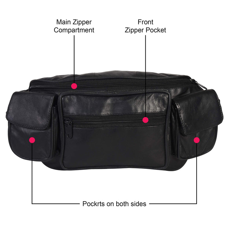 Leatherboss Genuine Leather Jumbo Fanny Pack pouch with side valcro Pockets for men women, Black