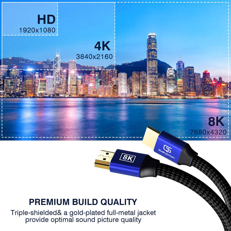 6.6ft 8K HDMI 2.1 Cable - Ultra HD High Speed 48Gbps 120hz HDMI Cord, Gold Connectors, Nylon Braided, Compatible with Play Station Xbox PS4 Samsung Roku Apple OLED TV 6.6 Feet (2 Meter)