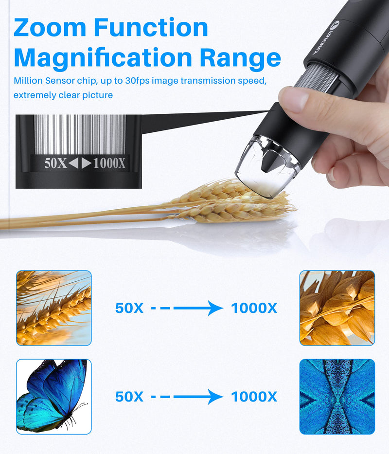 [AUSTRALIA] - Wireless Digital Microscope Handheld USB HD Inspection Camera 50x-1000x Magnification with Flexible Stand Compatible with iPhone, iPad, Samsung Galaxy, Android, Mac, Windows Computer (Black) 