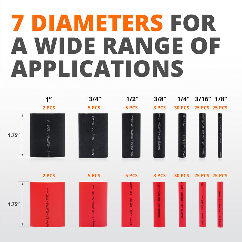 Wirefy Heat Shrink Tubing Kit - 3:1 Ratio Adhesive Lined, Marine Grade Shrink Wrap - Automotive Industrial Heat-Shrink Tubing - Black, Red 200 PCS