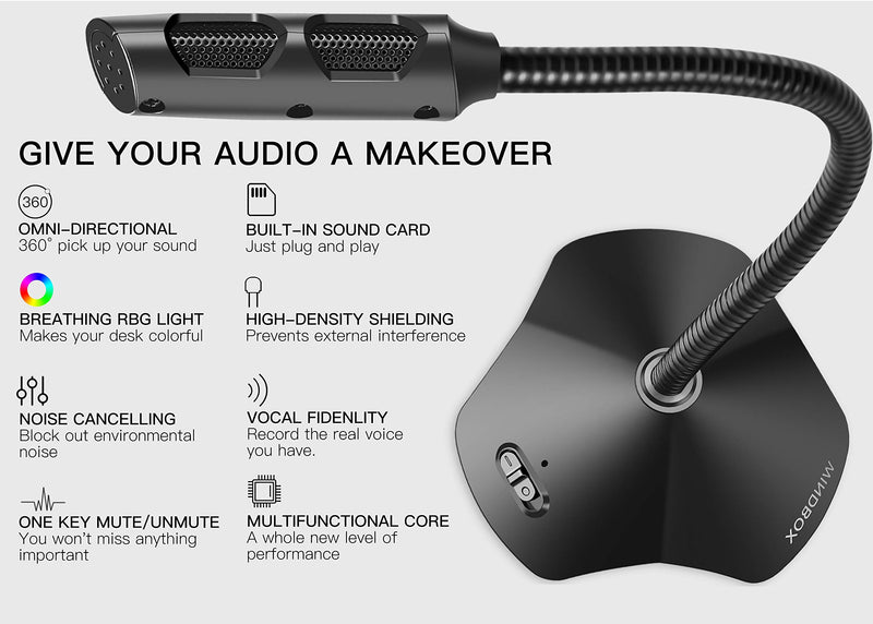 [AUSTRALIA] - Computer Microphone, ARISEN Desktop Gooseneck Microphone, Mute Button with Breathing RGB Light, USB Microphone for Windows and Mac Ideal for Gaming Streaming YouTube Podcast 