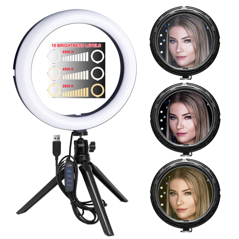 Vidpro RL-10 10" Inch LED Ring Light Kit with Mini Tripod and Ball Head. USB Powered for Portraits, Makeup, Modelling, Vloggers, Macro Photos and YouTube. Variable Color Temperature 2800K 4500K 6500K