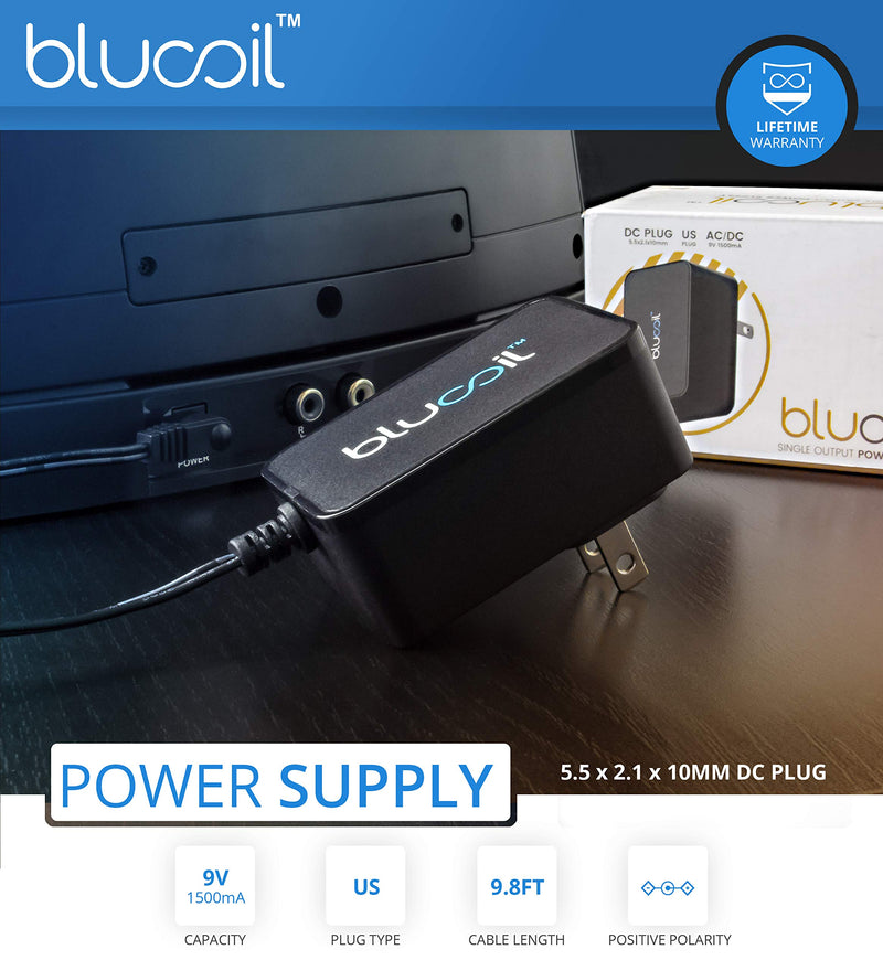 Blucoil 9V 1500mA Power Supply with US Plug AC Adapter Center Positive and Over Voltage and Short Circuit Protection - Compatible with Serene Innovations TV SoundBox, Serene BT-100, Korg, EHX
