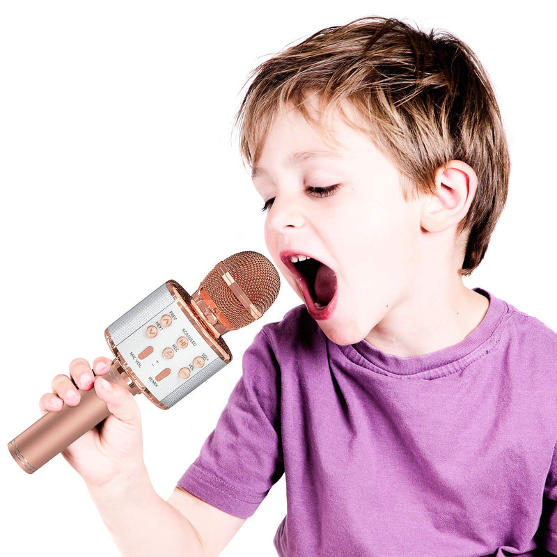 OVELLIC Karaoke Microphone for Kids, Wireless Bluetooth Karaoke Microphone with LED Lights, Portable Handheld Mic Speaker Machine, Great Gifts Toys for Girls Boys Adults All Age (Rose Gold) Rose Gold