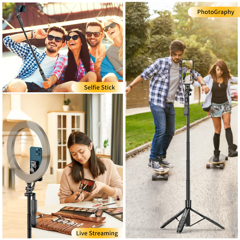 61" Selfie Stick Tripod, All in One Extendable Phone Tripod Stand with Wireless Remote 360° Rotation for iPhone and Android Phone Selfies, Video Recording, Vlogging, Live Streaming, Aluminum