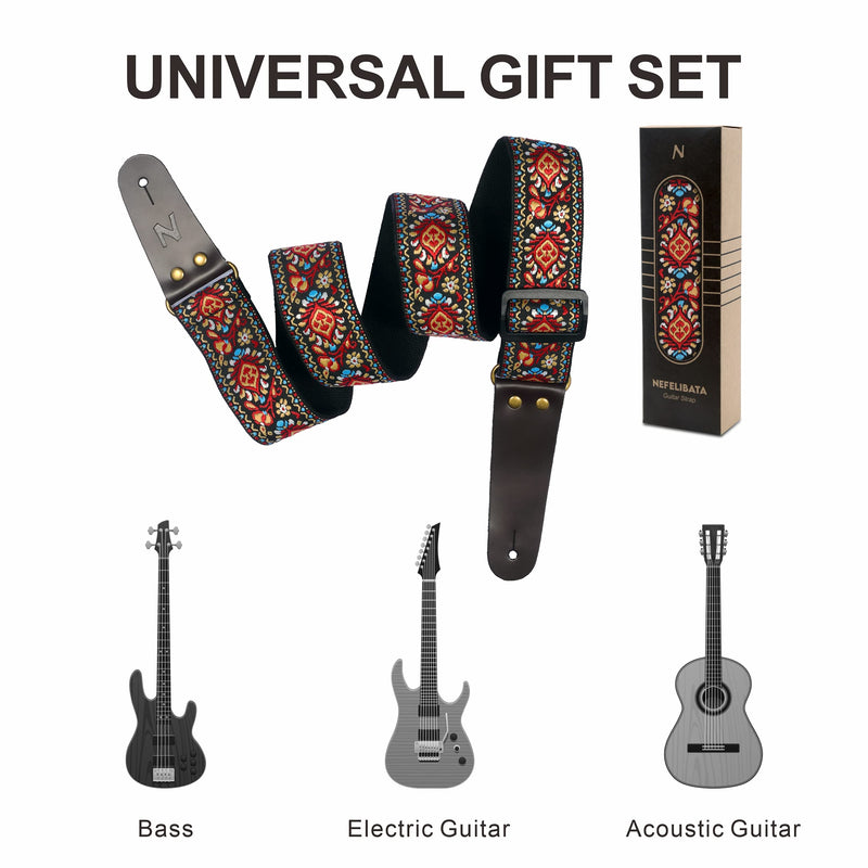 Guitar Strap, Vintage Embroidered Cotton Guitar Straps with Genuine Leather Ends for Bass, Electric & Acoustic Guitars, Come with Free Strap Button, 1 Pair Strap Locks and 4 Guitar Picks (Red Flower) A# - Woodstock Red
