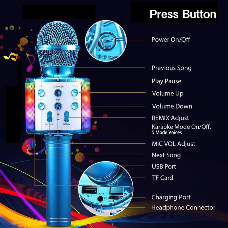 Wireless Bluetooth 32 LEDs Microphone for Children Vocal Portable Handheld Microphone Children's Microphone for Music Playing KTV Party for Android/iOS with Charging Cable and AUX Cable blue