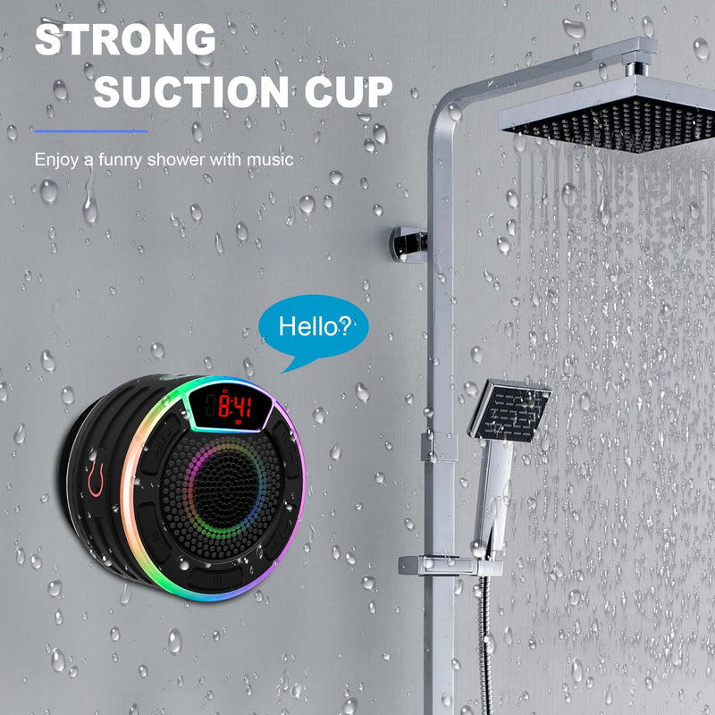 BassPal Bluetooth Speakers, IPX7 Waterproof Shower Speaker, Portable Speaker with LED Display, FM Radio, Suction Cup, Light Show, Built-in Mic, Best Gifts for Pool Beach Home Party Travel Outdoors Black