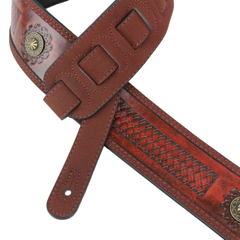 Walker & Williams GE-104 Antique Mahogany Tooled Padded Strap with Brass Conchos