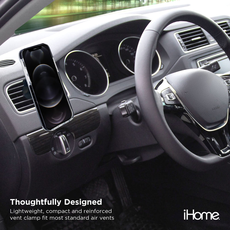 iHome Magnetic Wireless Charging Air Vent Car Mount, 10W, for iPhone 12/13, Compatible with MagSafe Cases (Black) Black