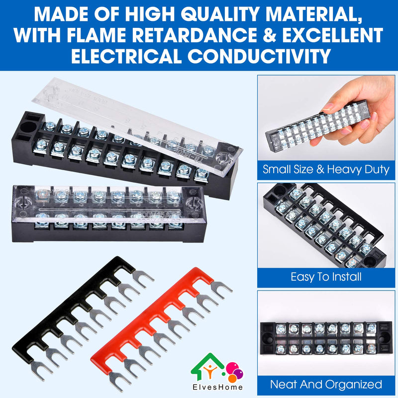 Terminal Blocks Ground Circuit 12PCS/6 Set 8+10+12 Positions 600V 15A Dual Row Bus Bar Wire Amp Mount Screw Terminal Block Kit with Cover 400V Pre Insulated Strip for DIY Small Electrical Home Project 12PCS-8P+10P+12P Set-15A