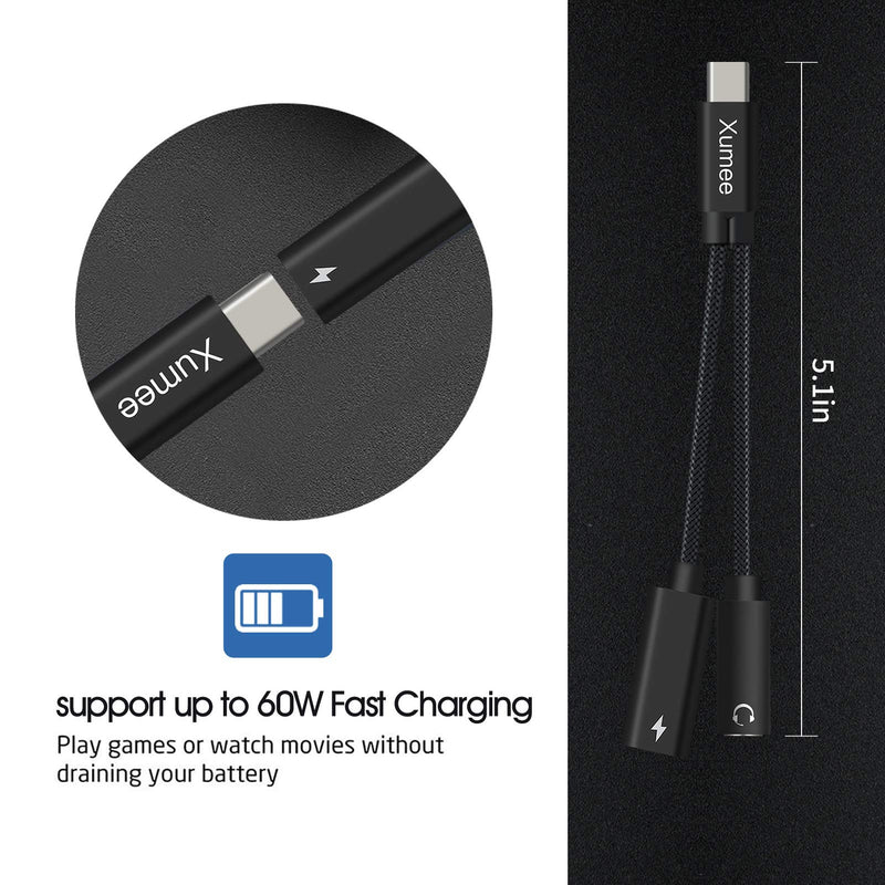 USB Type C to 3.5mm Headphone and Charger Adapter,2-in-1 USB C to Aux Audio Jack Hi-Res DAC and Fast Charging Dongle Cable Cord Compatible with Pixel 4 3 XL, Galaxy S21 S20 S20+ Plus Note 20 (Black) Black