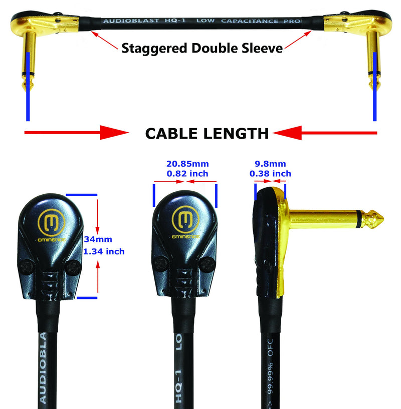 6 Units - 6 Inch - Audioblast HQ-1 - Ultra Flexible - Dual Shielded (100%) - Instrument Effects Pedal Patch Cable w/Low-Profile, R/A Gold Pancake TS (6.35mm) Plugs & Dual Staggered Boots