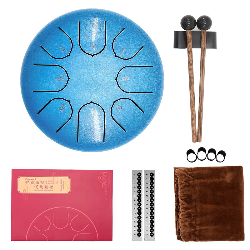 Steel Tongue Drum,Ironkoi 8 Notes 6 inch Tank Drum C Key Percussion Steel Drum Kit w/Drum Mallets Note Stickers Finger Picks Mallet Bracket(blue) 6 in 8 tone blue