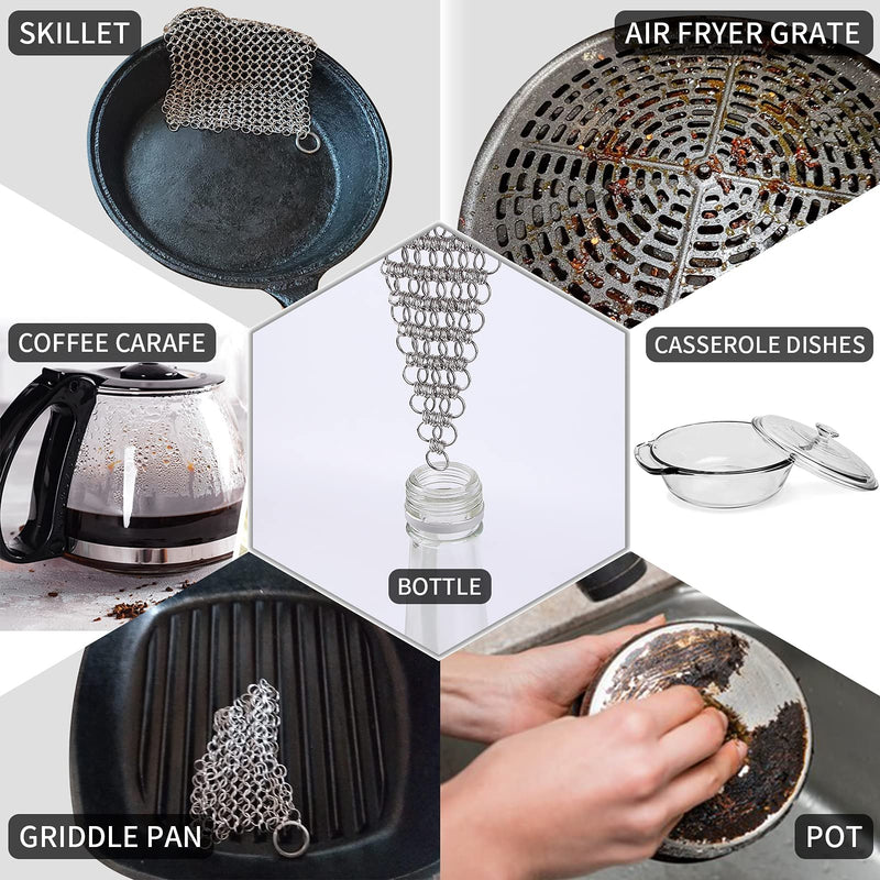 2Pack Cast Iron Cleaner Stainless Steel Chain Mail Scrubber, Iron Skillet Scrub Brush for Pan Pot Chain Scrubber Cleaning Dutch Ovens Carbon Steel Wok Grill Pan, Chain Mail to Clean Castiron by Herda 4 Inch (Pack of 2)