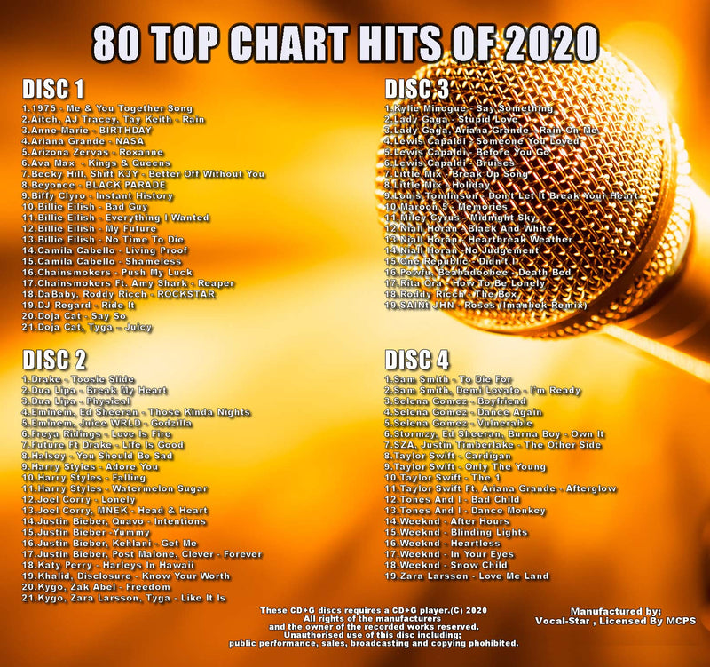 Vocal-Star 2020 Karaoke Chart Hits 80 Songs on 4 CDG Discs. The Top 80 Chart Songs of 2020
