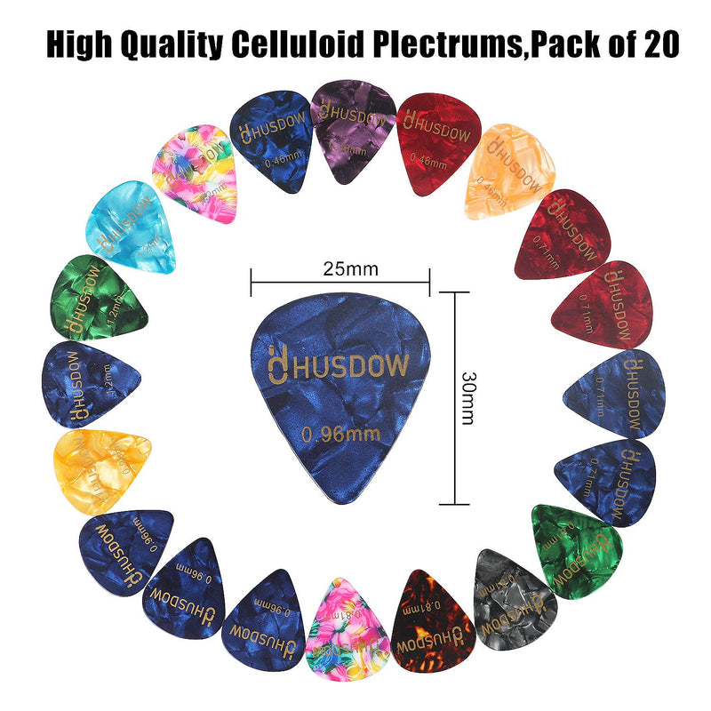 20pcs Guitar Picks, HusDow Guitar Plectrums Celluloid Pick for Electric, Acoustic,or Bass Guitar including 0.46mm 0.71mm 0.81mm 0.96mm 1.2mm