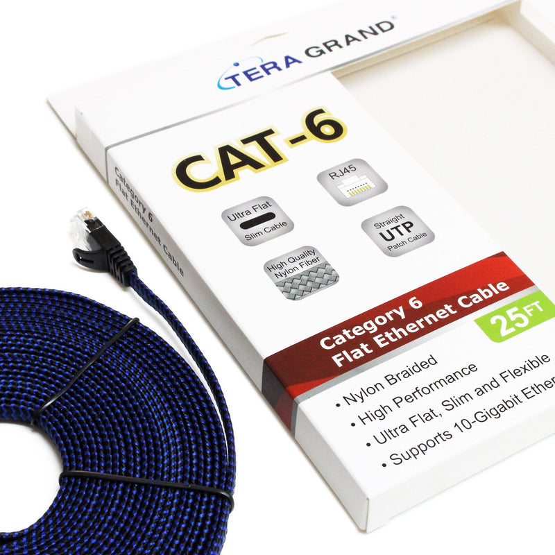 Tera Grand - 25 ft CAT6 10 Gigabit Ethernet Ultra Flat Braided Network Cable, Black/Blue, Computer Internet LAN Cable with Snagless RJ45 Connectors (25 Feet) 25 Feet
