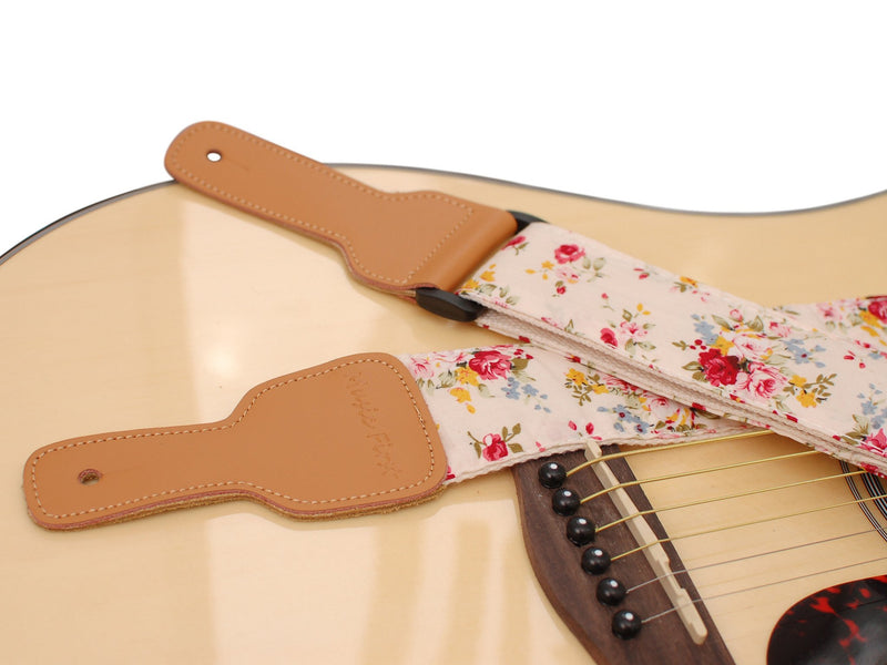 MUSIC FIRST Original Design, 2 inch width (5cm), “Rosa Multiflora in Cream” Padded Soft Cotton & Genuine Leather Guitar Strap, Ukulele Strap, Mandolin Strap