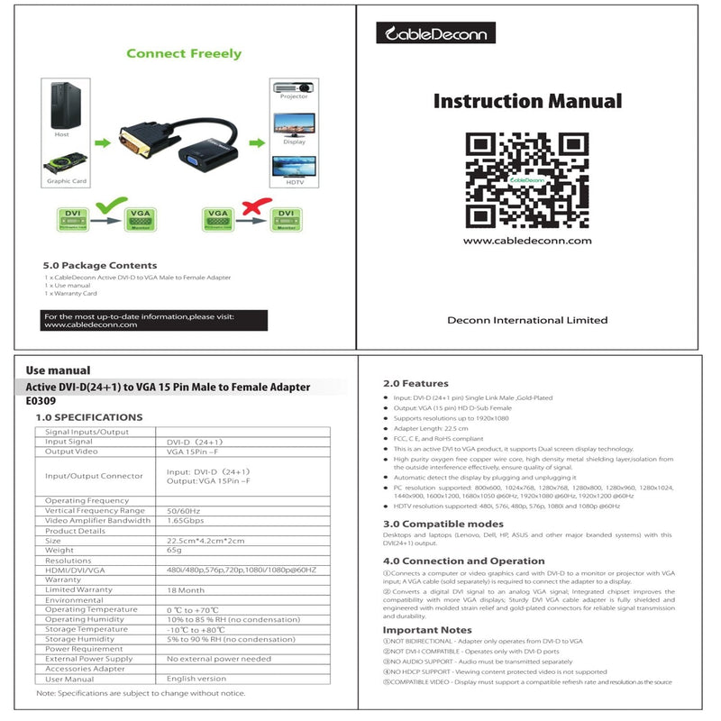 CableDeconn Active DVI-D Link 24+1 Male to VGA Female M/F Video Cable Adapter Converter