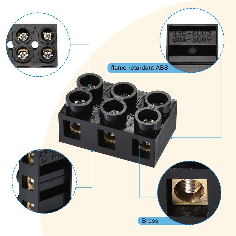 MECCANIXITY Terminal Block 500V 60A Dual Row 3 Positions Screw Electric Barrier Strip 2 Pcs