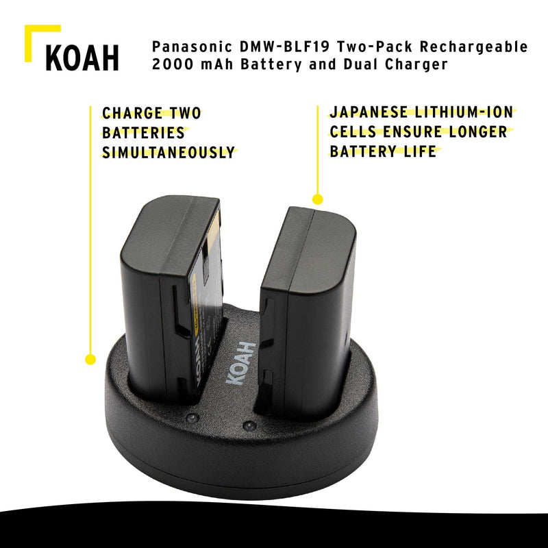 Koah PRO Panasonic DMW-BLF19 Two-Pack 2000mAh Battery and Dual Charger