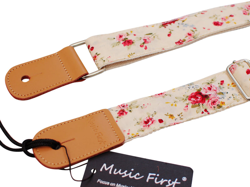 MUSIC FIRST Original Design “Rosa Multiflora in Cream” Soft Cotton & Genuine Leather Ukulele Strap Ukulele Shoulder Strap With a MUSIC FIRST Genuine Leather Strap Locker With A Leather Strap Locker